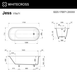 Ванна из искусственного камня WHITECROSS Jess 0223.170071.2XXXX 170x70 см RAL мат